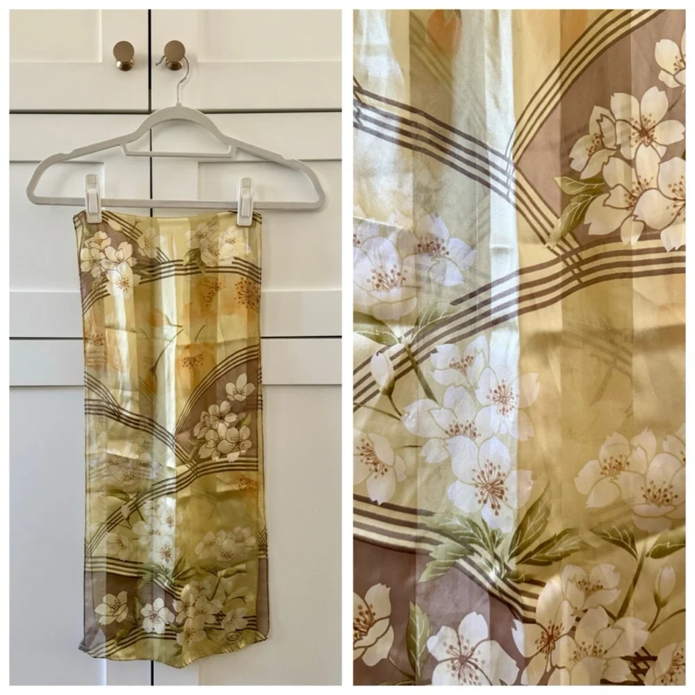 Oscar de la Renta Golden Cherry Blossom Silk Sateen Scarf, Rectangular (Oblong)